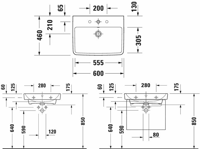 DURAVIT NO.1 umyvadlo 60 cm, s otvorem pro baterii a přepadem 23756000002 Technický nákres
