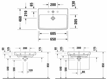 DURAVIT NO.1 umyvadlo 65 cm, s otvorem pro baterii a přepadem 23756500002 Technický nákres