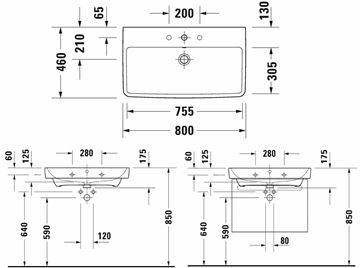 DURAVIT NO.1 umyvadlo 80 cm, s otvorem pro baterii a přepadem 23758000002 Technický nákres