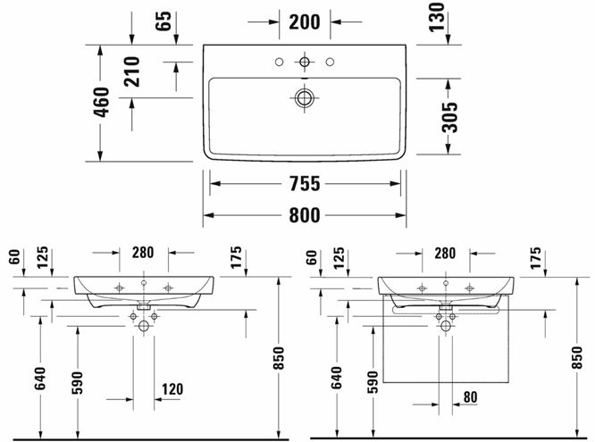 DURAVIT NO.1 umyvadlo 80 cm, s otvorem pro baterii a přepadem 23758000002 Technický nákres