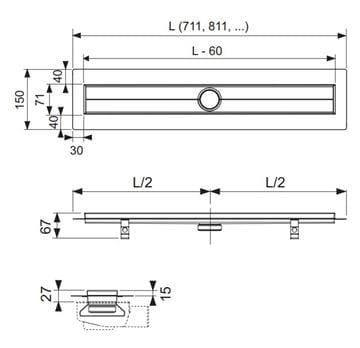 TECE DRAINLINE sprchový žlab 1000 mm, do prostoru, bez odtoku, bez roštu, nerez ocel 601000 Technický nákres