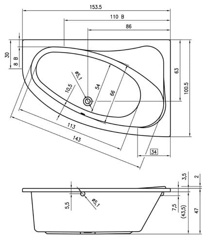 RIHO ARYL rohová vana 153,5x100,5 cm, bez nožiček, akrylát B022001005 Technický nákres