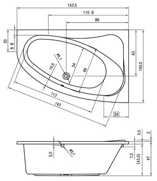 RIHO ARYL rohová vana 153,5x100,5 cm, bez nožiček, akrylát B022001005 Technický nákres