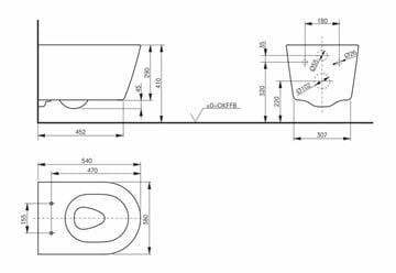 TOTO RP závěsné WC, Rimless splachování CW552RY Technický nákres