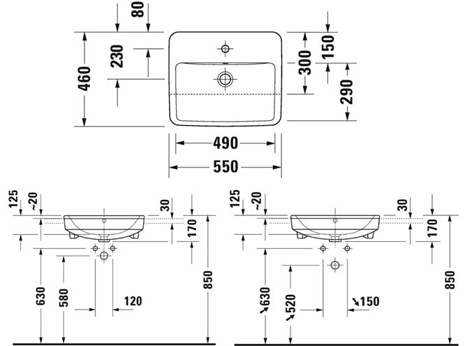 DURAVIT NO.1 umyvadlo 55 cm, s otvorem pro baterii a přepadem 03765500002 Technický nákres