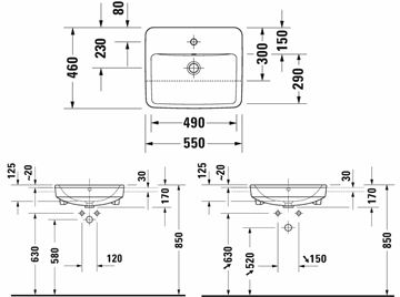 DURAVIT NO.1 umyvadlo 55 cm, s otvorem pro baterii a přepadem 03765500002 Technický nákres