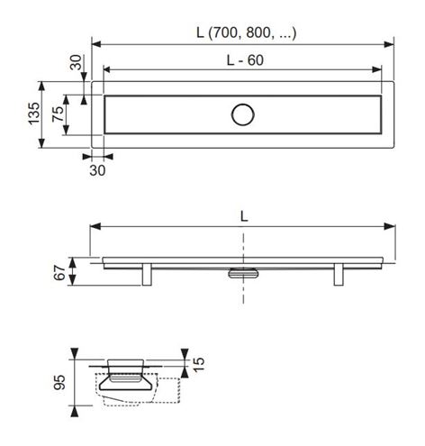 TECE LINUS sprchový žlab 900 mm, do prostoru, boční odtok DN 50, rošt, nerez ocel 15100090 Technický nákres