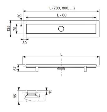 TECE LINUS sprchový žlab 900 mm, do prostoru, boční odtok DN 50, rošt, nerez ocel 15100090 Technický nákres