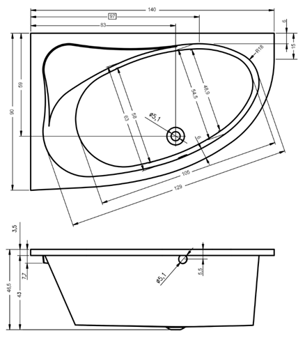RIHO ARYL rohová vana 153,5x100,5 cm, bez nožiček, akrylát B021001005 Technický nákres