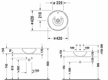 DURAVIT BACINO umyvadlová mísa 42 cm, s přepadem 0325420000 Technický nákres