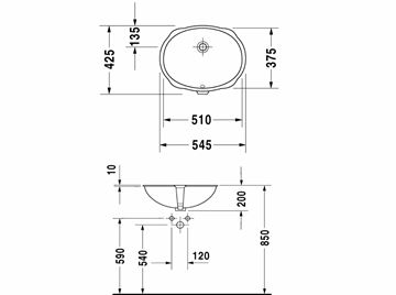 DURAVIT SANTOSA umyvadlo 51 cm, s přepadem 0466510000 Technický nákres
