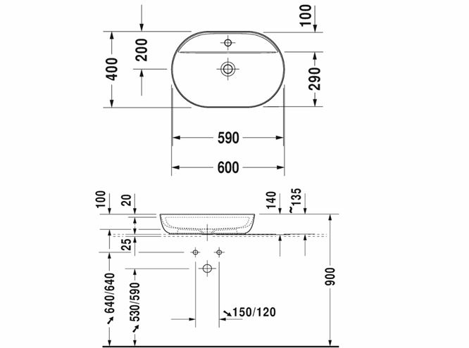 DURAVIT LUV umyvadlo na desku 60 cm, s otvorem pro baterii, bez přepadu 0380600000 Technický nákres