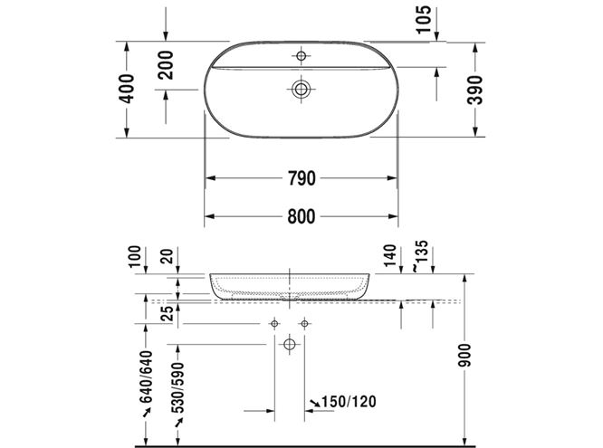 DURAVIT LUV umyvadlo na desku 80 cm, s otvorem pro baterii, bez přepadu 0380800000 Technický nákres