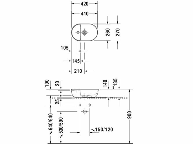 DURAVIT LUV umyvadlo na desku 42 cm, s otvorem pro baterii, bez přepadu 0381420000 Technický nákres