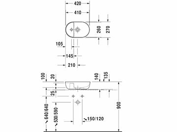 DURAVIT LUV umyvadlo na desku 42 cm, s otvorem pro baterii, bez přepadu 0381420000 Technický nákres