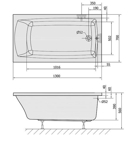 POLYSAN LILY vana 130x70 cm, bez nožiček, akrylát 77511 Technický nákres