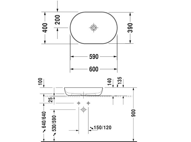 DURAVIT LUV umyvadlová mísa 60 cm, bez přepadu 0379600000 Technický nákres