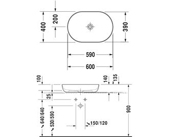 DURAVIT LUV umyvadlová mísa 60 cm, bez přepadu 0379600000 Technický nákres