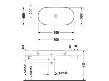 DURAVIT LUV umyvadlová mísa 80 cm, bez přepadu 0379800000 Technický nákres