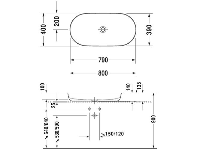 DURAVIT LUV umyvadlová mísa 80 cm, bez přepadu 0379800000 Technický nákres