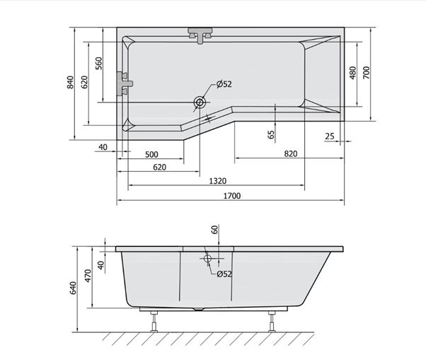 POLYSAN VERSYS rohová vana 170x84 cm, bez nožiček, akrylát 70111 Technický nákres