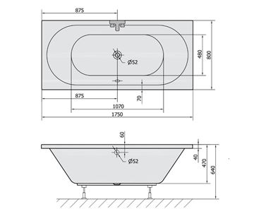 POLYSAN VIVA B vana 175x80 cm, pro 2 osoby, bez nožiček, akrylát 88119 Technický nákres