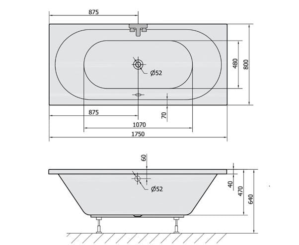 POLYSAN VIVA B vana 175x80 cm, pro 2 osoby, bez nožiček, akrylát 88119 Technický nákres