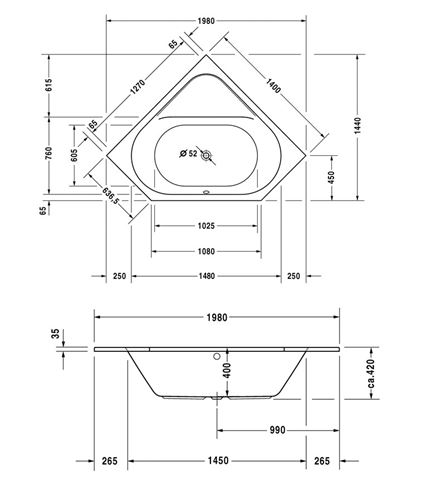 DURAVIT D-CODE rohová vana 140x140 cm, pro 2 osoby, bez nožiček, akrylát 700137000000000 Technický nákres