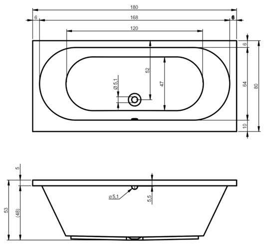 RIHO CAROLINA vana 180x80 cm, bez nožiček, akrylát B056001005 Technický nákres