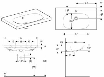 GEBERIT ACANTO umyvadlo 90 cm, s otvorem pro baterii a přepadem, KeraTect 500.623.01.8 Technický nákres