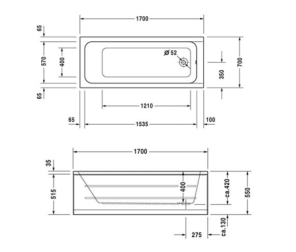 DURAVIT D-CODE vana 170x70 cm, bez nožiček, akrylát 700098000000000 Technický nákres