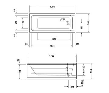 DURAVIT D-CODE vana 170x70 cm, bez nožiček, akrylát 700098000000000 Technický nákres
