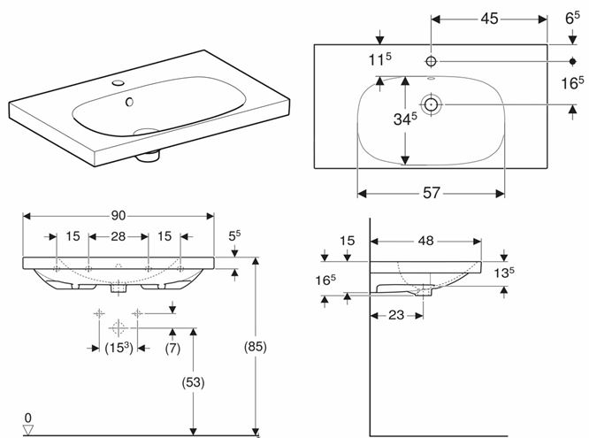GEBERIT ACANTO umyvadlo 90 cm, s otvorem pro baterii a přepadem 500.623.01.2 Technický nákres