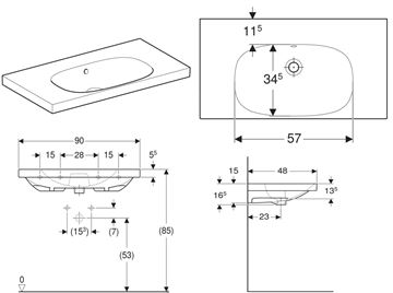 GEBERIT ACANTO umyvadlo 90 cm, s přepadem 500.624.01.2 Technický nákres