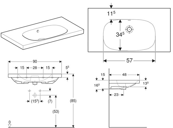 GEBERIT ACANTO umyvadlo 90 cm, s přepadem, KeraTect 500.624.01.8 Technický nákres