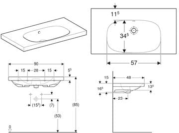 GEBERIT ACANTO umyvadlo 90 cm, s přepadem, KeraTect 500.624.01.8 Technický nákres