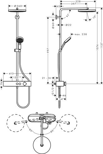 HANSGROHE PULSIFY S SHOWERPIPE 260 sprchový set s temostatickou baterií, horní sprcha, ruční sprcha se 3 proudy, tyč, hadice, EcoSmart, chrom 24221000 Technický nákres