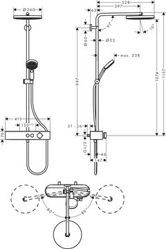 HANSGROHE PULSIFY S SHOWERPIPE 260 sprchový set s temostatickou baterií, horní sprcha, ruční sprcha se 3 proudy, tyč, hadice, EcoSmart, chrom 24221000 Technický nákres