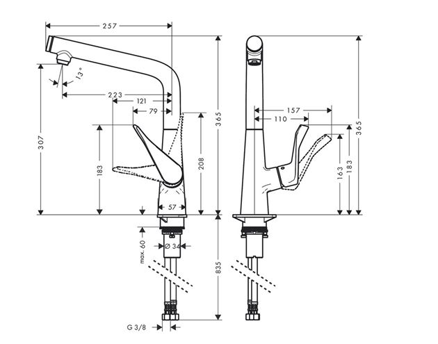 HANSGROHE METRIS SELECT 320 dřezová baterie, nerez 14883800 Technický nákres