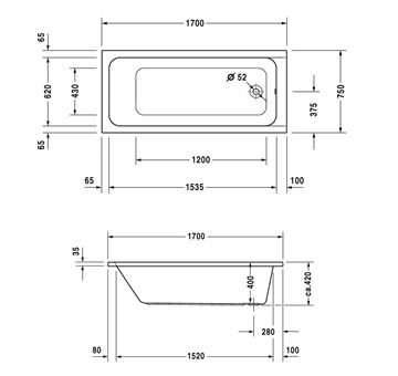 DURAVIT D-CODE vana 170x75 cm, bez nožiček, akrylát 700100000000000 Technický nákres