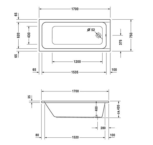 DURAVIT D-CODE vana 170x75 cm, bez nožiček, akrylát 700100000000000 Technický nákres