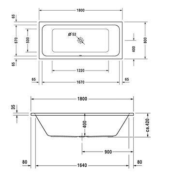 DURAVIT D-CODE vana 180x80 cm, pro 2 osoby, bez nožiček, akrylát 700101000000000 Technický nákres