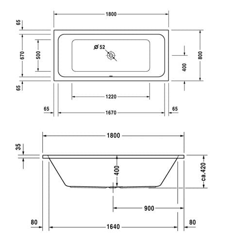 DURAVIT D-CODE vana 180x80 cm, pro 2 osoby, bez nožiček, akrylát 700101000000000 Technický nákres