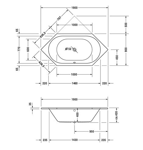 DURAVIT D-CODE vana 190x90 cm, pro 2 osoby, bez nožiček, akrylát 700138000000000 Technický nákres