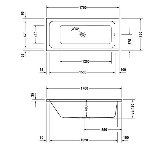 DURAVIT D-CODE vana 170x75 cm, bez nožiček, akrylát 700099000000000 Technický nákres