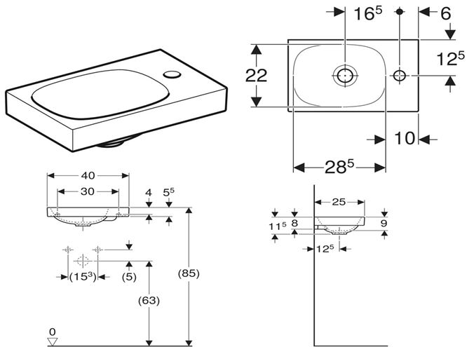 GEBERIT ACANTO umývátko 40 cm, s otvorem pro baterii vpravo, bez přepadu, KeraTect 500.635.01.8 Technický nákres