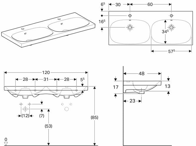 GEBERIT ACANTO dvojumyvadlo 120 cm, se 2 otvory pro baterie a přepadem, KeraTec 500.627.01.8 Technický nákres