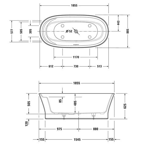 DURAVIT CAPE COD volně stojící vana 185,5x88,5 cm, pro 2 osoby, DuraSolid 700330000000000 Technický nákres