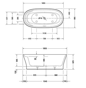 DURAVIT CAPE COD volně stojící vana 185,5x88,5 cm, pro 2 osoby, DuraSolid 700330000000000 Technický nákres