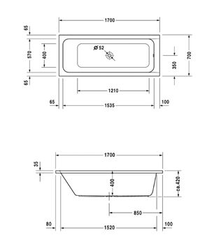 DURAVIT D-CODE vana 170x70 cm, bez nožiček, akrylát 700097000000000 Technický nákres